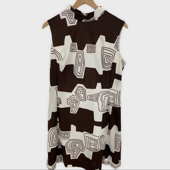 Vintage 60s 70s Brown White Geometric Print Mod Go Go Dress With Pockets - Picture 6 of 7